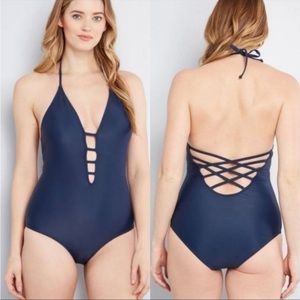 Modcloth Tereza blue strappy  halter tie one piece swimsuit size S